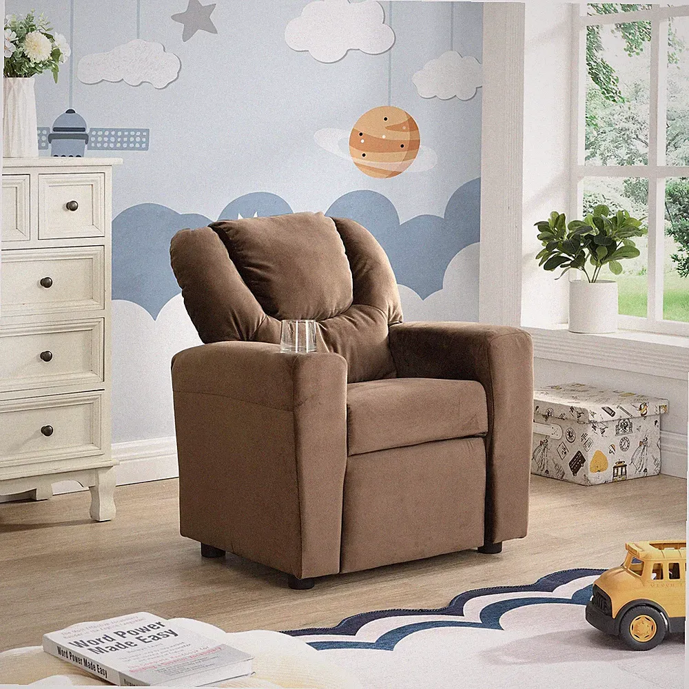 Kids Recliner Chair, Kids Upholstered Couch With One Cup Holder, Footrest, Backr