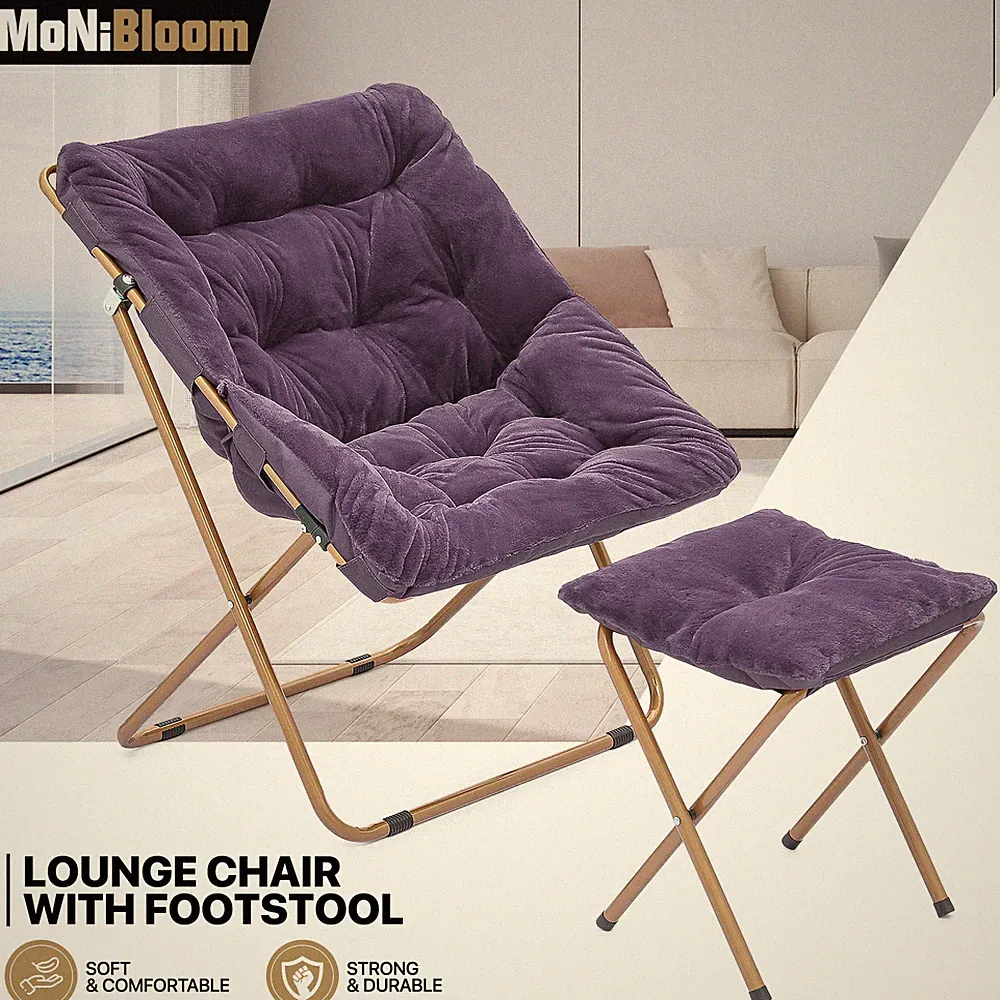 Purple Foldable Comfy Cozy Saucer Lounge Chair Faux Fur Oversized Seat w/Ottoman